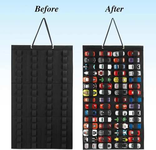Vista 2 de Organizador de almacenamiento colgante para autos de juguete, vitrina de fieltro con capacidad para 60 autos de juguete (sin accesorios) (negro)