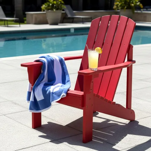 Vista 2 de Shine Company Silla Adirondack de madera moderna Mid-Century para patio al aire libre, respaldo y asiento premontado, rojo chile