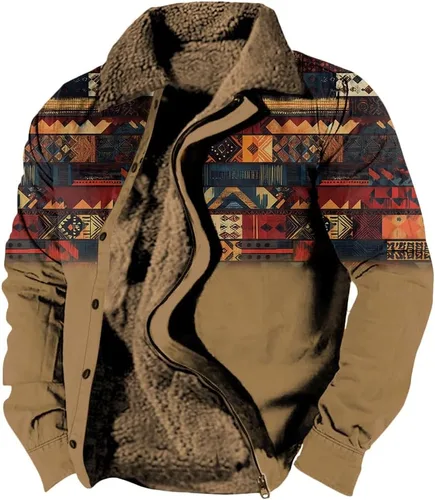 Vista 3 de LOAIHA Chaqueta de invierno para hombre, chaqueta azteca occidental para hombre, con cremallera, forro polar cálido, chaqueta vaquera, étnica vintage