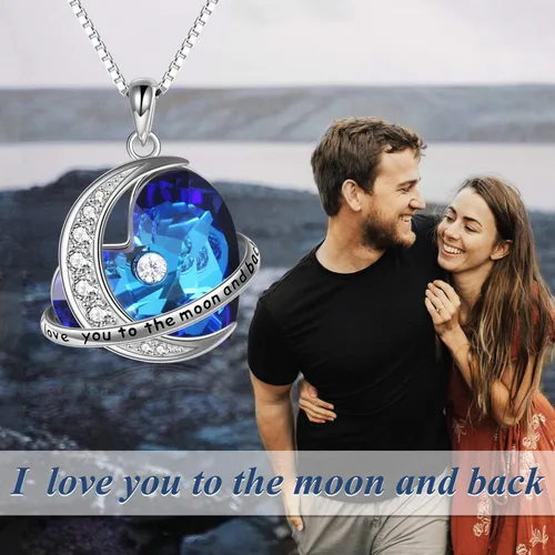 Vista 6 de Collar con colgante de corazón de plata de ley con elementos de cristal azul, regalo para esposa, novia