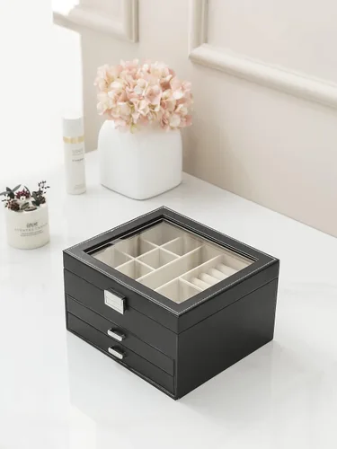 Vista 9 de AOSIFIEL Joyero de 3 capas organizador de joyas con tapa de cristal transparente, joyero para mujeres, adolescentes y niños, caja de almacenamiento