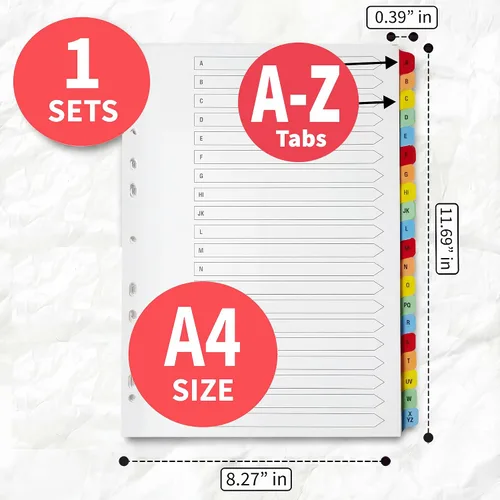Vista 2 de Divisores de carpetas A-Z con pestañas A4 Divisores del alfabeto para carpeta de 3 anillas Perfecto para organizar páginas en 3 separadores