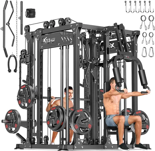 Vista 21 de Rack Multiusos para Sentadillas, Conjunto de Rack de Pesas Smith Machine con Sistema de Crossover de Cables, Racks de Potencia para Gimnasio