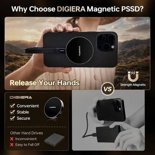 Vista 10 de DIGIERA SSD portátil magnético de 1 TB, unidades de estado sólido externas con USB-C 3.2 Gen 2x2, velocidad de hasta 2000 MB/s, compacta y duradera