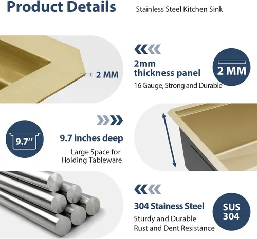 Vista 7 de Lordear 33 Inch Matte Gold Double Bowl Kitchen Sinks Gold-Workstation