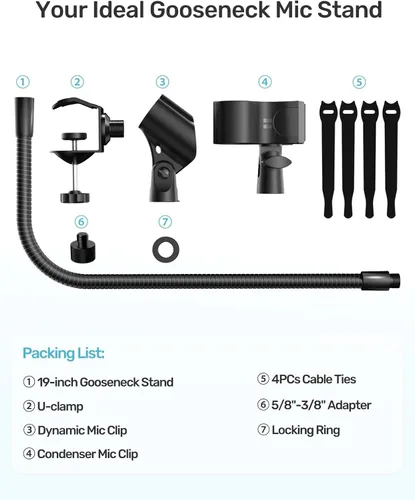 Vista 8 de Soporte de micrófono de cuello de cisne de 19 pulgadas, soporte flexible de brazo de micrófono con clip con súper abrazadera y adaptador de 5/8 a