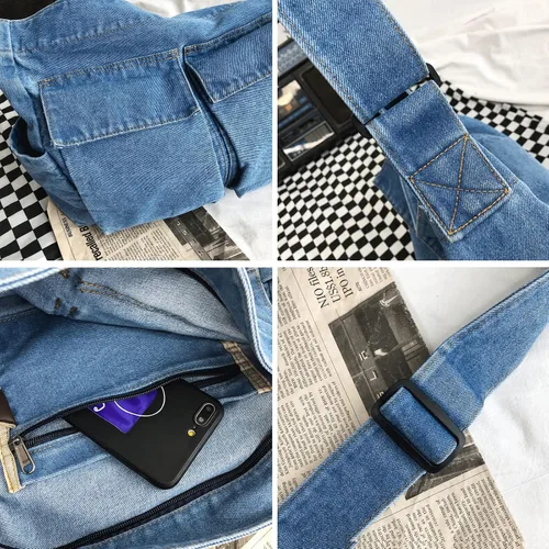 Vista 6 de Bolso de hombro de mezclilla de lona para mujeres y hombres, bolso de mano casual, retro, estético, bolso cruzado