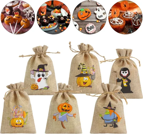 Vista 4 de LOKIPA 36 bolsas de regalo de arpillera de Halloween con cordón pequeñas bolsas de yute para niños y adultos, suministros de fiesta