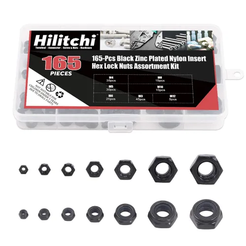 Vista 5 de Hilitchi Kit surtido de tuercas hexagonales de nailon chapado en zinc negro, 165 piezas