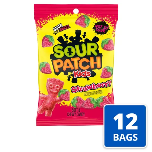 Vista 4 de SOUR PATCH KIDS Caramelos Suaves y Masticables de Fresa, Caramelos a Granel, 12 Bolsas de 8 oz