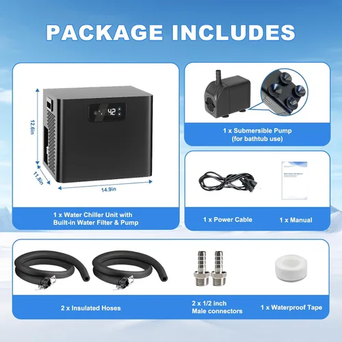Vista 7 de Enfriador de agua para baño de hielo para bañeras frías, enfriador de inmersión en frío mejorado de 1/3 HP con bomba y filtro incorporados, bomba