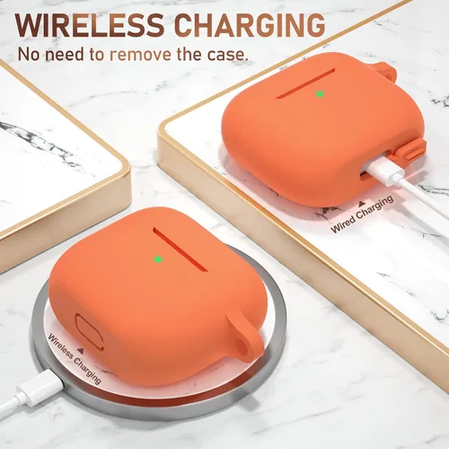 Vista 8 de Funda protectora de silicona con llavero, compatible con AirPods de 3ª generación (2021), LED frontal visible (naranja brillante)