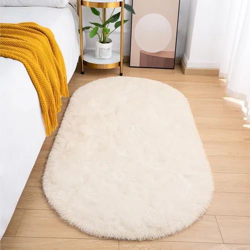 Vista 15 de Goideal - Alfombra esponjosa de dormitorio, alfombra pequeña ovalada, alfombra negra peluda para mesita de noche, ideal para habitación infantil