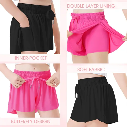 Vista 3 de Paquete de 2 pantalones cortos deportivos de mariposa para niñas, pantalones cortos fluidos para niños con bolsillo 2 en 1, pantalones cortos