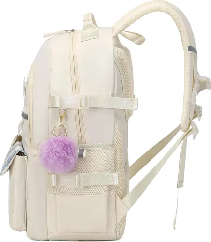 Vista 3 de Mochila para niñas de 15.6 pulgadas para laptop, bolsa escolar para niños de primaria y universidad, mochilas y bolsos escolares para niñas Beige