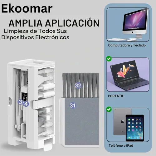 Vista 2 de Kit de Limpieza de Electrónicos 32 en 1 - Kit Limpiador de Teclado, Teléfono, Computadora y Laptop - Compatible con MacBook, AirPods y Herramienta