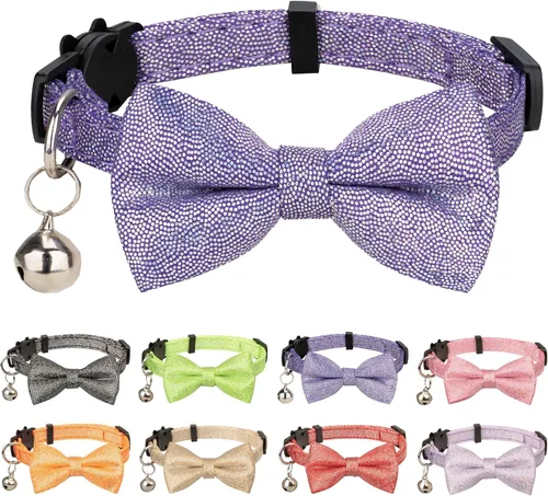 Vista 10 de Collar de gato con pajarita brillante para gatos, campanilla, fiesta, boda, fiesta, brillante, 7-11 pulgadas, niña, niño, mascota, color liso