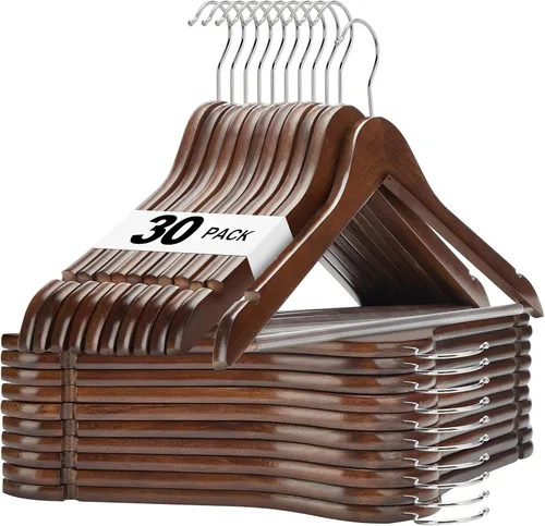 Vista 23 de HOUSE DAY - Paquete de 10 perchas de madera negra, percha de madera maciza con barra antideslizante para pantalones, percha de abrigo de madera