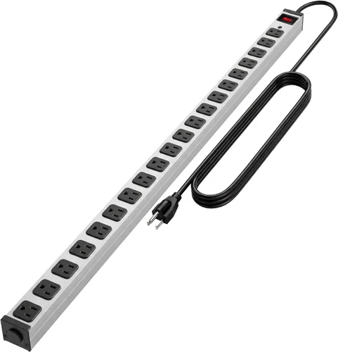Vista 8 de Tira de alimentación de enchufe de metal resistente de 20 tomas, protector de sobretensiones 2100J cable de extensión de 15 pies de largo