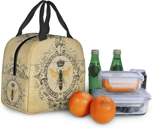 Vista 8 de Bolsa de almuerzo de abeja vintage con aislamiento resistente al agua, lonchera reutilizable para viajes de picnic