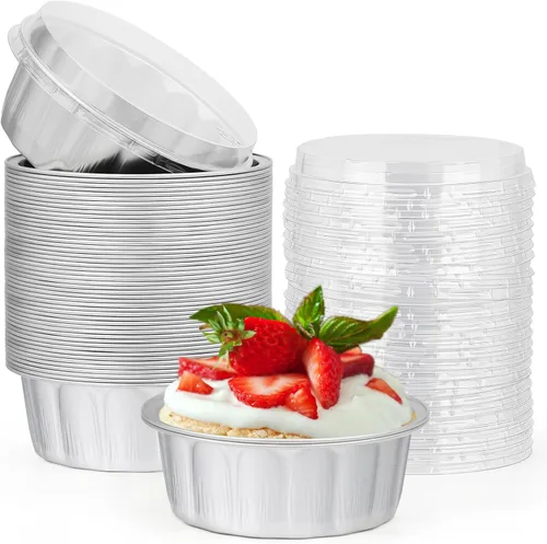 Vista 45 de Beasea Disposable Ramekins with Lids, 50 Pack 8oz 235ml Aluminum Foil Baking Cups with Lids, Aluminum Creme Brulee Ramekins Muffin Cupcake Pudding