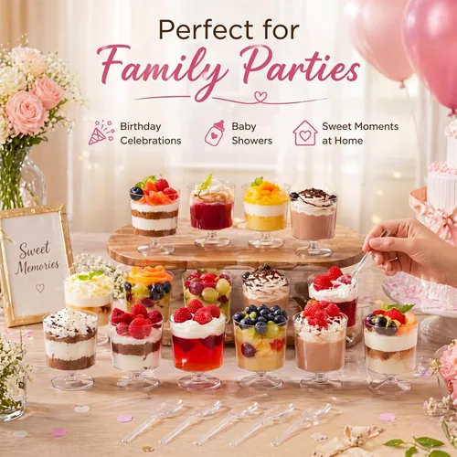 Vista 5 de 100 mini tazas de postre de 2 onzas con 100 cucharas de plástico transparente, tazones de mousse con pies y pedestal de frutas, parfait aperitivo