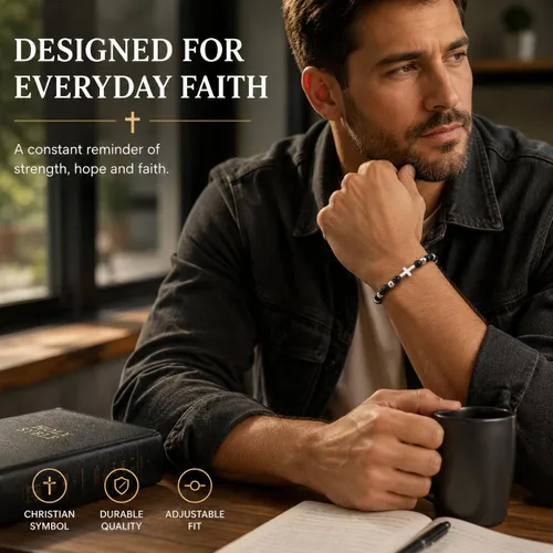 Vista 2 de JAYUMO Pulsera de cuentas ajustable con cuentas de ojo de tigre de piedra natural para hombre y mujer Cruz de ónix negro