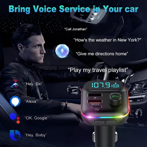 Vista 7 de Transmisor FM Bluetooth mejorado con robot VR para coche, adaptador inalámbrico Bluetooth 5.0 FM para coche con puertos USB duales, compatible