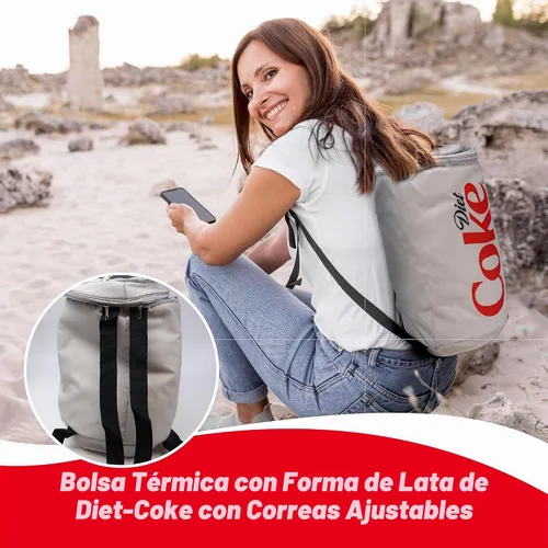 Vista 4 de Bolsa enfriadora con forma de lata de Coca Cola con altavoz Bluetooth, tiempo de reproducción de 5 horas, correas ajustables, cremalleras, tela