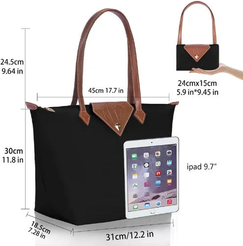 Vista 2 de Bolso de mano para mujer, bolso de hombro de nailon ligero grande y bolso de trabajo de viaje, plegable con asa superior con cremallera