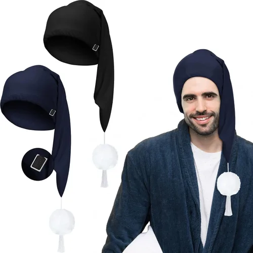 Vista 17 de Geyoga Gorro de dormir de noche de seda ajustable con cordón ajustable para hombre con bola de pompón para uso diario Negro