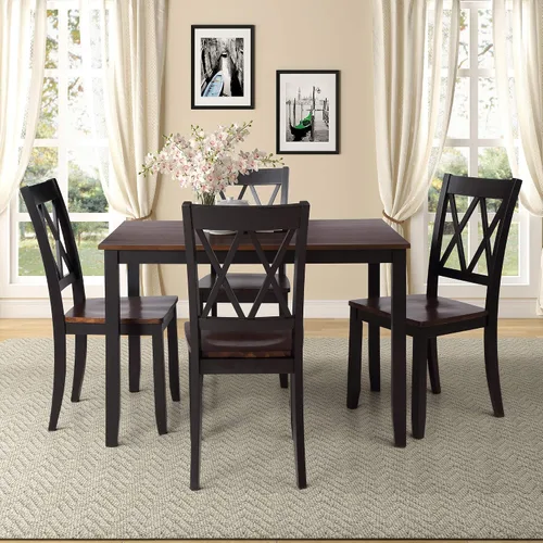 Vista 3 de Juego de mesa de comedor de 5 piezas para 4 personas, mesa rectangular y 4 sillas para cocina, comedor, familia y apartamento, patas de madera