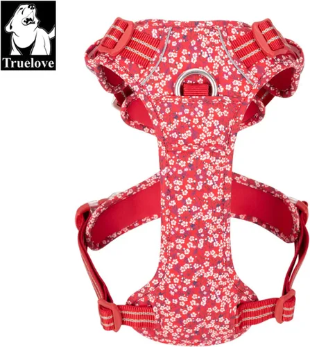 Vista 4 de TRUE LOVE Arnés ajustable sin tirones con clip frontal para perro, reflectante, cómodo, duradero, suave, algodón, chaleco floral con asa TLH5655