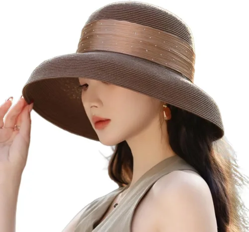 Vista 8 de Sombrero de playa para mujer, sombrero de paja de ala ancha para mujer, gorra de ala ancha flexible con protección UV UPF 50+ Beige