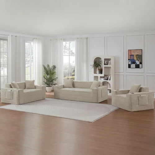 Vista 10 de Sofá sin hueso de 66.5 pulgadas con portavasos y bolsillos laterales, sofá biplaza tapizado de tela de pana moderna con 2 almohadas para sala