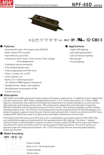 Vista 2 de MEAN WELL NPF-60D-48 60 W Salida única 1.25 A 48 Vdc Salida Max Dimmable Fuente de alimentación conmutada - 1 artículo(s)
