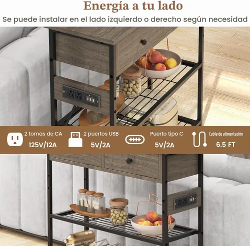 Vista 5 de GIANTEX - Mesa consola industrial con tomacorrientes, mesa de entrada estrecha de 3 niveles Long Sofa Table w/ USB Ports, 2 Storage Drawers, Entry
