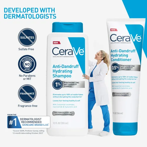 Vista 7 de CeraVe Acondicionador hidratante anticaspa, tratamiento de caspa de zinc piritiona al 0,5% con ceramidas, ácido hialurónico y niacinamida, ayuda a