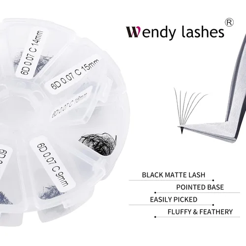 Vista 44 de Extensiones de pestañas de 1200 fans, prefabricadas, con volumen, 9-20mm, bandeja mixta, 20D, con punta en C, base puntiaguda, extensiones