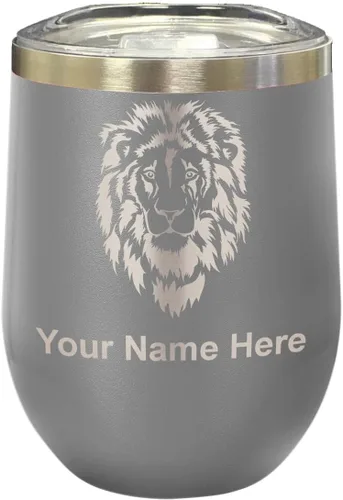 Vista 24 de LaserGram Vaso de vino de acero inoxidable de doble pared, cabeza de león, grabado personalizado incluido (negro)