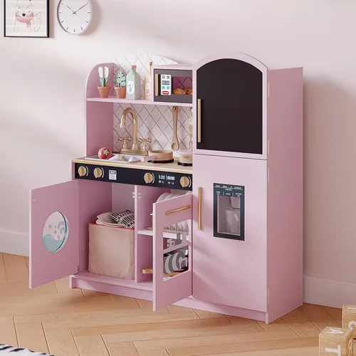 Vista 7 de Treocho Juego de cocina para niños, juego de cocina de madera para niños pequeños con almacenamiento, cocina de juguete de diseño moderno con grifo