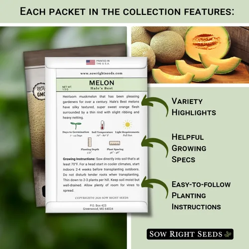Vista 2 de Sow Right Seeds - Colección de semillas de frutas de melón para plantar - Paquetes individuales Honey Rock, Hales Best y Honeydew Melon - Semillas