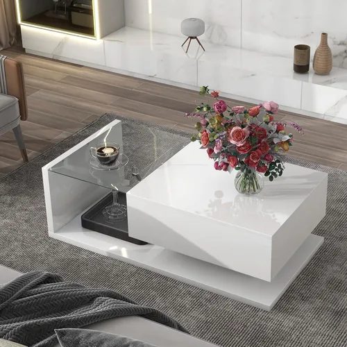 Vista 11 de Mesa de centro moderna con almacenamiento, mesa de cóctel de madera con superficie UV de alto brillo, mesas de centro rectangulares de 2 niveles