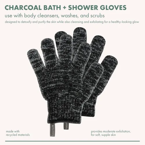 Vista 2 de EcoTools Guantes de baño y ducha de carbón, guantes exfoliantes que eliminan la piel muerta y limpian todo el cuerpo, guantes de baño con carbón