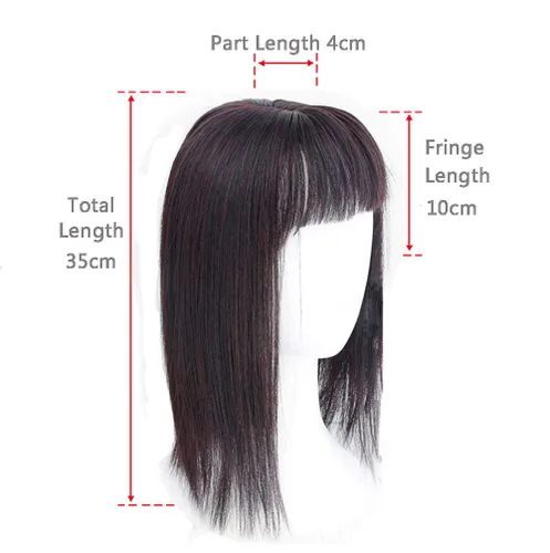 Vista 5 de Parte media recta para cabello con flequillo limpio para cabello fino para mujer, postizo de frente de 14 pulgadas, marrón oscuro