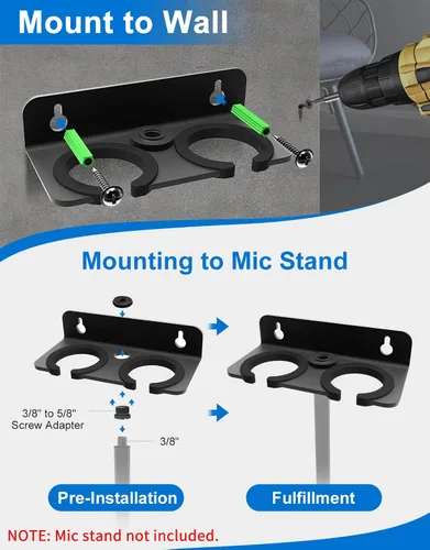 Vista 2 de Soporte para micrófono múltiple para colgar micrófonos dinámicos, con cable e inalámbricos, soporte de micrófono doble, acolchado de goma/montado