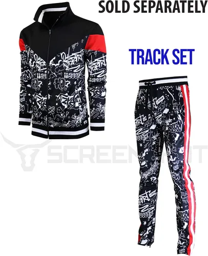 Vista 4 de SCREENSHOT Chaqueta deportiva urbana de hip hop prémium para hombre, con cinta lateral, ropa deportiva urbana y ropa de calle