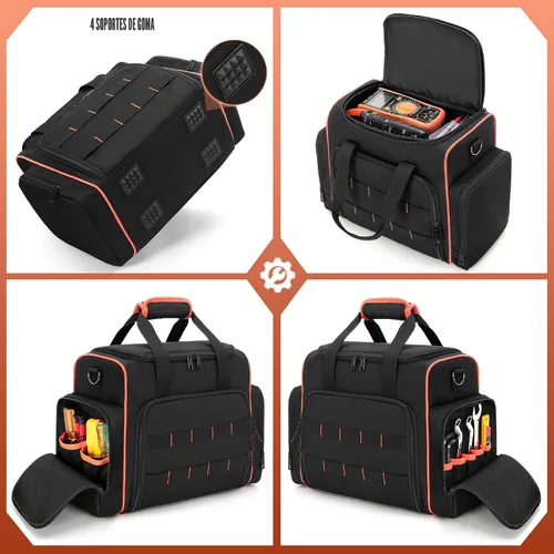 Vista 4 de Bolsa de herramientas Marscamd con 3 estuches extraíbles, bolsa de herramientas de 2 capas para herramientas manuales, negra con ribete rojo