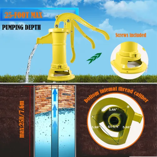 Vista 5 de Bomba de jarra de hierro fundido antiguo y duradera: Bomba manual de pozo de succión para transferencia de agua, elevación máxima de 25 pies, fácil
