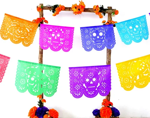 Vista 9 de Cartel de papel picado Dia de Los Muertos, guirnaldas de papel de seda del Día de los Muertos, decoraciones de fiesta mexicana, paquete de 5 83